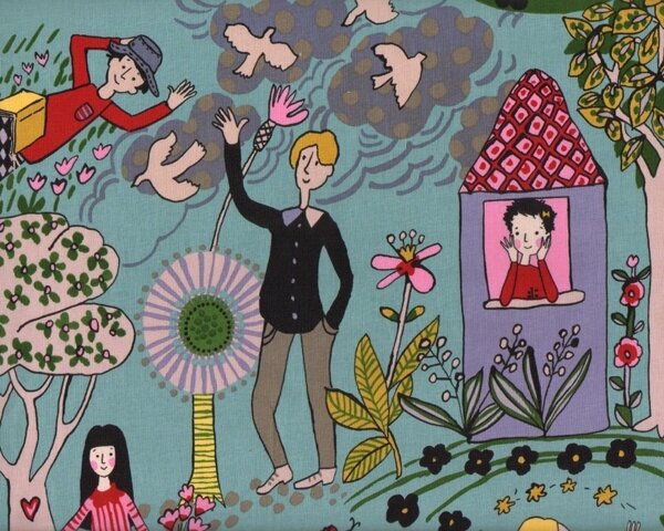 Patchworkstoff EVERYDAY EDEN, bunte Welt, gedecktes türkis-kräftiges rosa