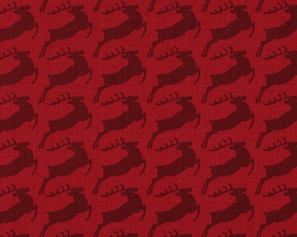 Patchworkstoff "Holly Jolly" mit springenden Rentieren, weinrot-aubergine