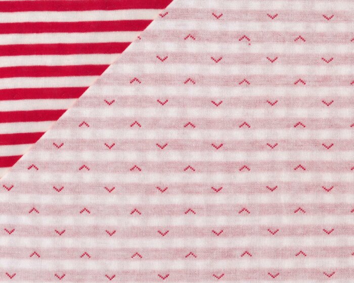 Leichter Bio-Doubleface-Jacquard-Jersey RONKA PFEIL, Pfeilspitzen und Streifen, weiß-rot