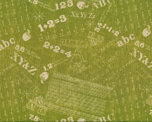 Patchworkstoff "ABC Primer" mit Buchstaben und Zahlen, grasgrün-hellbeige