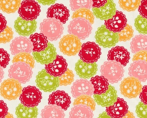 Patchworkstoff SCRUMPTIOUS, Blüten-Kreise, rot-hellgrün-orange, Moda Fabrics