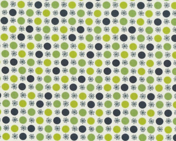 Patchworkstoff "Flea Market Fancy", große Punkte und Streublümchen, hellgrün-apfelgrün