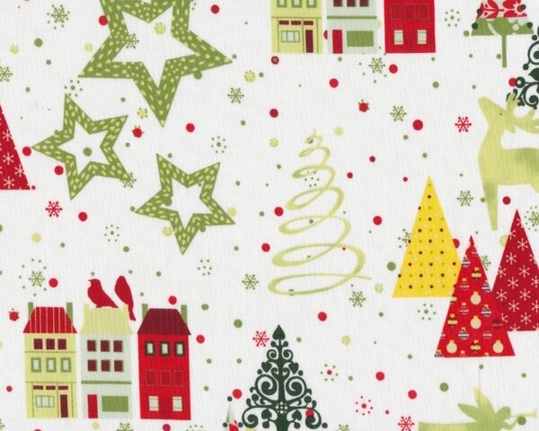 Patchworkstoff "A Christmas Story" mit Tannenbäumen und Häusern, hellgrün-rot