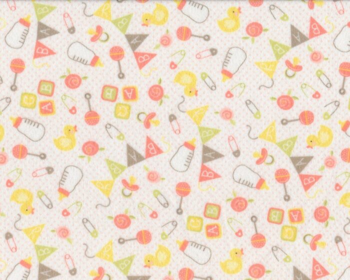 Baumwollflanell SWEET BABY, Babyspielzeug, weiß-helles lachsrosa, Moda Fabrics