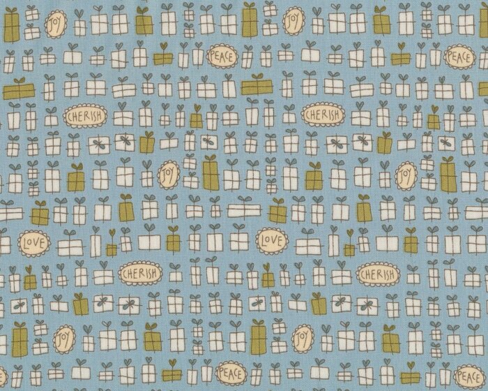 Patchworkstoff UNDER THE MISTLETOE by Anni, Skizzen-Geschenke, helles taubenblau