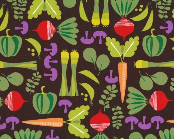 Patchworkstoff "Tiny Veggies" mit Comic-Gemüse, grün-braun-lila