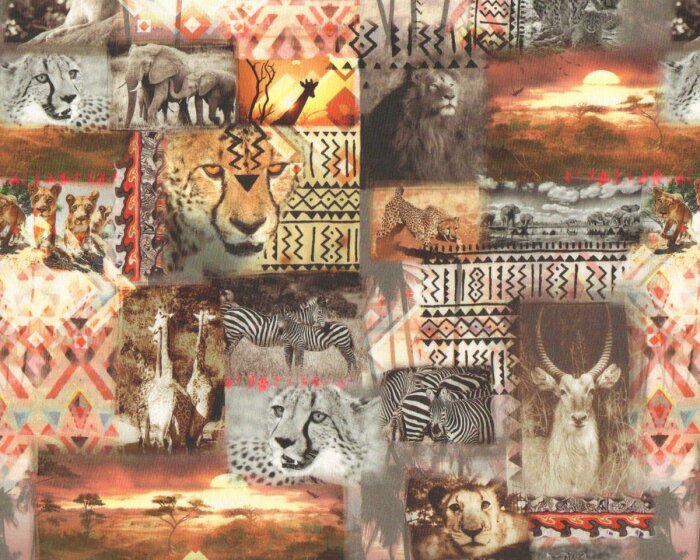 Baumwollstoff, Digitaldruck AFRICA, Löwen, Elefanten und co., aprikot-grau