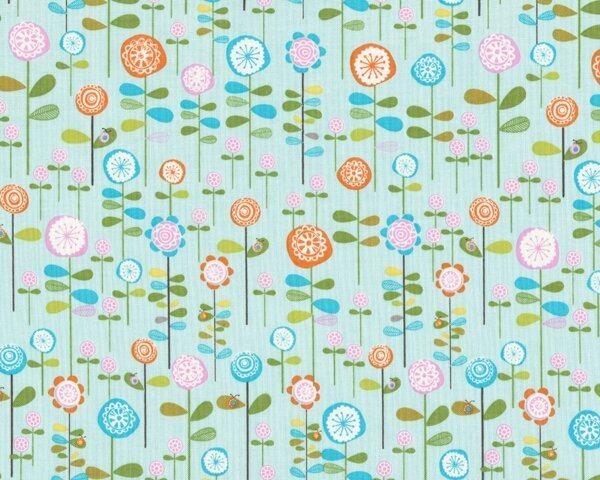 Patchworkstoff "Happier" mit Stielblüten und winzigen Käfern, hellblau-orange-olivegrün