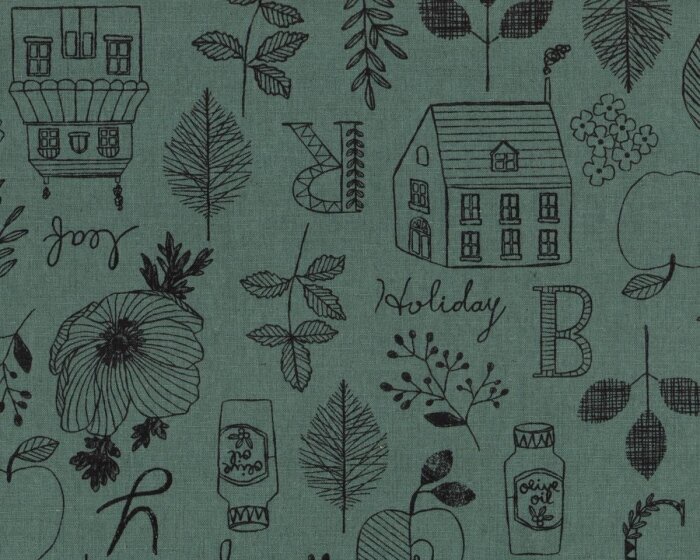 Patchworkstoff mit Leinen OLIVERA, Blätter und Häuser, grüngrau-schwarz