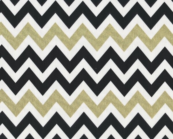 Patchworkstoff REMIX, breite Chevron-Zacken, schwarz-weiß-gold