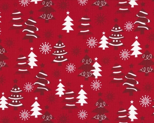 Patchworkstoff "O Tinsel Tree" mit Tannenbäumen und Sternen, dunkelrot-weiß