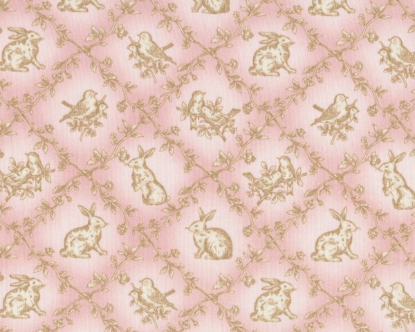 Patchworkstoff NINTH & VINE mit Häschen und Vögeln, rosa