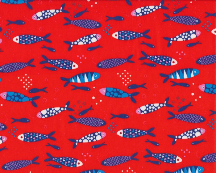 Glatter Baumwollstoff OCEAN FISH, Fischschwarm, rot-gedecktes dunkelblau
