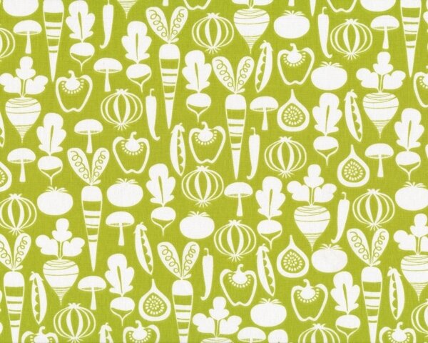 Patchworkstoff "Tiny Veggies" mit Comic-Gemüse, hellgrün-gebrochenes weiß