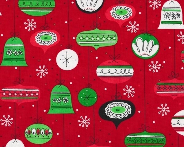 Patchworkstoff RETRO CHRISTMAS mit Christbaumkugeln, rot-grün-weiß