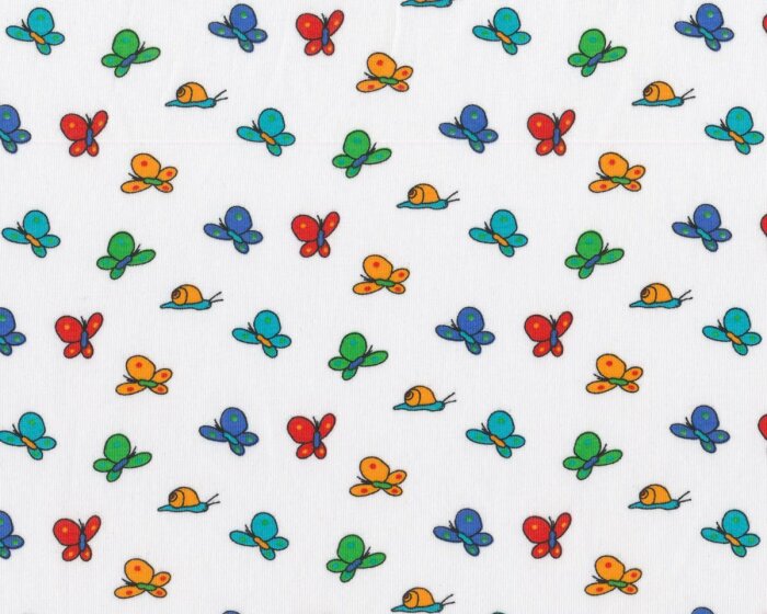 Baumwolljersey mit Elasthan LILLY SNAIL, Schmetterlinge und Schnecken, weiß-petrol-rot