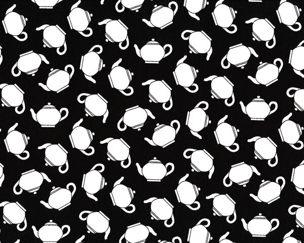 Patchworkstoff "Teapots" mit Teekannen, schwarz-weiß