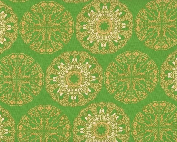 Patchworkstoff STAR FLAKES AND GLITTER, kreisförmiges Blatt-Ornamentmuster, grün-hellbeige