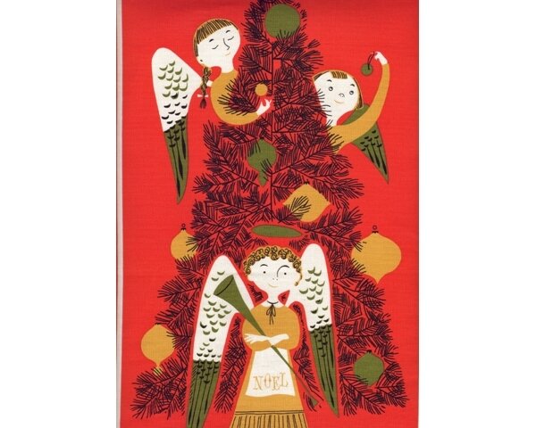 30-cm-Rapport Leinen-Baumwoll-Patchwork "Tammis Angels" mit großen Weihnachtsengeln, rot-olive