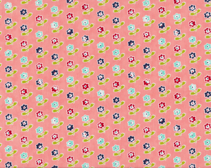 Patchworkstoff VINTAGE PICNIC, diagonale Blumen-Streifen, helles lachsrot-limette, Moda Fabrics