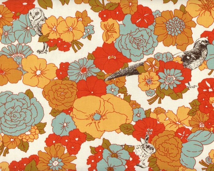 Patchworkstoff NOMAD, Waldtiere und Blumen, cremé-helles mintgrün, Moda Fabrics