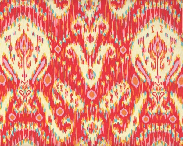 Patchworkstoff "Lark" mit Ikat-Ornament-Muster, helles pastellrot-eierschalenfarben-türkis