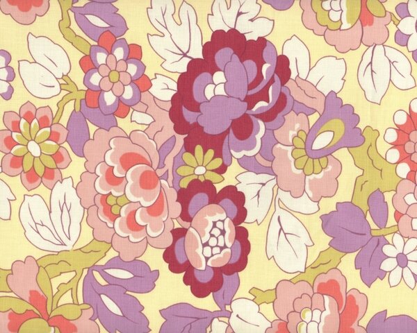 Patchworkstoff GYPSY CARAVAN mit stilisierten Rosenblüten, pastellgelb-helllila