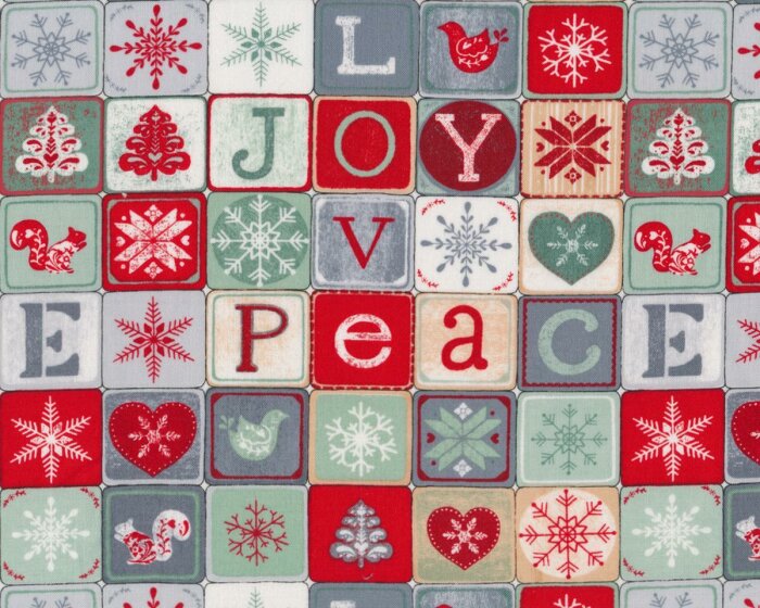 Patchworkstoff JOY, LOVE, PEACE, Winter-Mosaik, mintgrün-rot