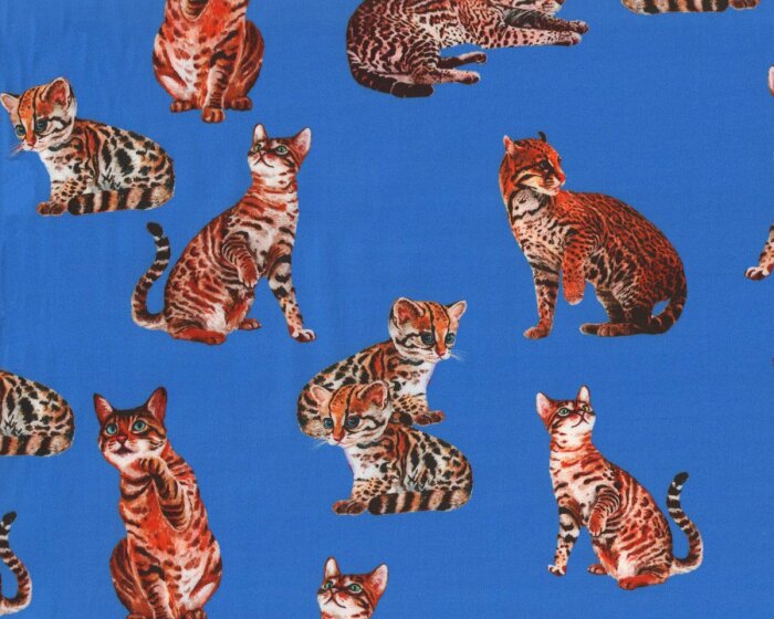 Exklusiver Baumwoll-Stretch-Satin aus Italien MIAGOLARE, Katzen, ultramarinblau