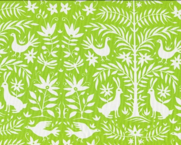 Patchworkstoff FOLKLORE, Hasen und Rebhühner, hellgrün, Moda Fabrics