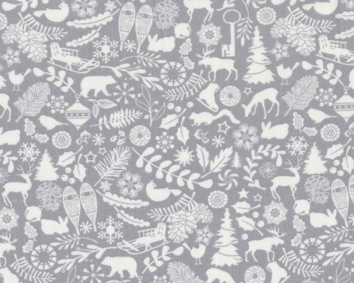 Patchworkstoff HOLIDAY MAGIC, Waldtiere und Weihnachtskleinigkeiten, grau-weiß