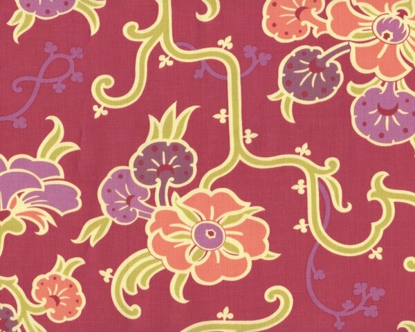 Patchworkstoff "Gypsy Caravan" mit dekorativen Rankenblüten, stumpfes fuchsia-hellgrün