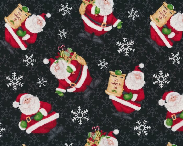 Patchworkstoff KRINGLE KROSSING, knuffiger Weihnachtsmann mit Geschenken, schwarz-dunkelrot