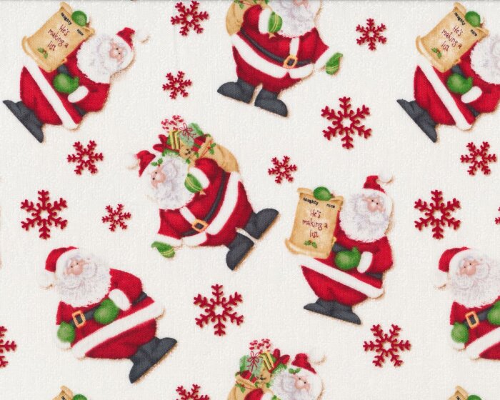 Patchworkstoff KRINGLE KROSSING, knuffiger Weihnachtsmann mit Geschenken, gebrochenes weiß-dunkelrot