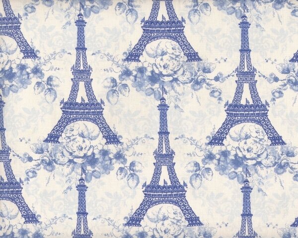 Patchworkstoff "Penelope", Paris mit Eiffelturm und Blumen, creme-taubenblau