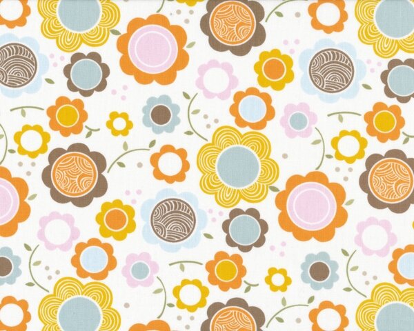 Patchworkstoff "Kitty Garden Gerbers" mit Kreis-Blumen, orange-maisgelb-rosa