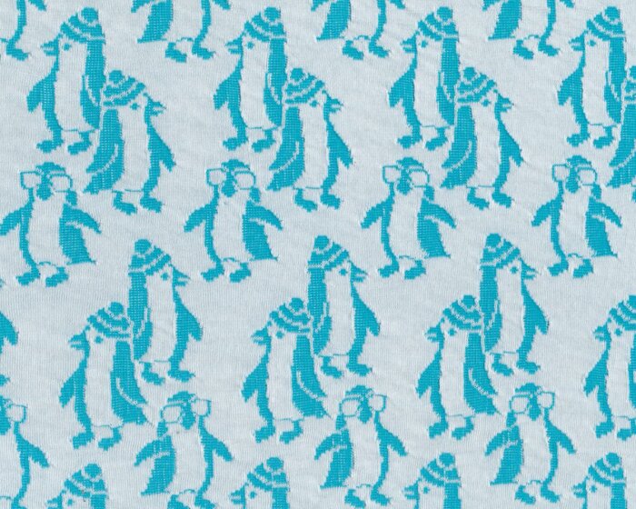 Leichter Bio-Jacquard-Strick PINGU PARADE, Pinguine, weiß-türkis