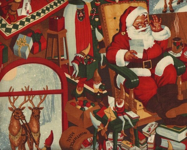 Patchworkstoff CHRISTMAS TIME, beim Weihnachtsmann zu Haus, stumpfes dunkelrot-braun