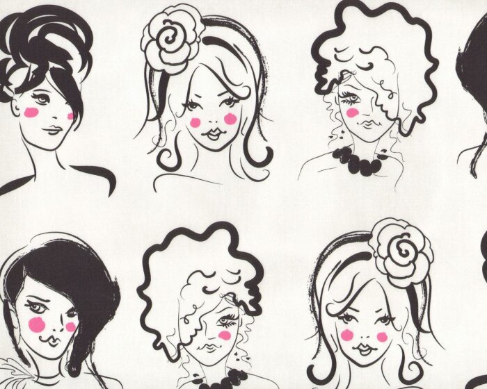 Feiner Popeline-Patchworkstoff CHERIE, Mädchen-Köpfe, weiß-schwarz