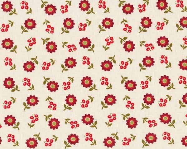 Patchworkstoff TWEET FOR TWO, Streublumen, wollweiß-rot