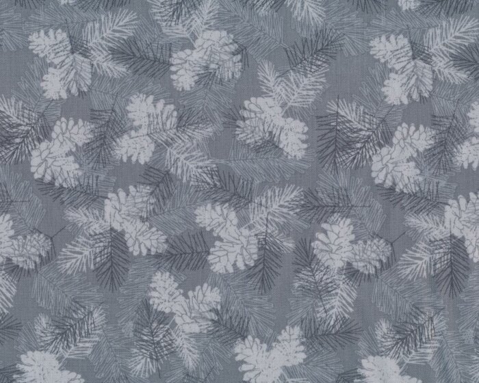 Patchworkstoff HOLIDAY MAGIC, Zapfen und Tannenzweige, mittelgrau-hellgrau