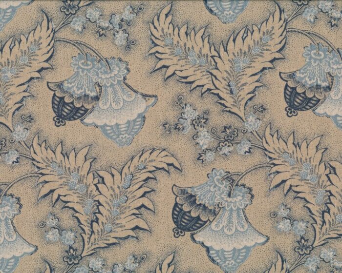 Baumwoll-Leinen-Patchworkstoff RUE INDIENNE, große Kelch-Kugel-Blüten, gedecktes blau, Moda Fabrics