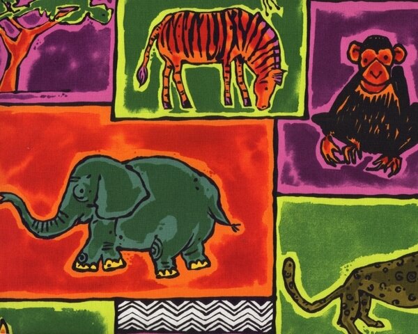 Patchworkstoff "Africa" mit lustigen Giraffen, Elefanten, Löwen und Affen, lila-orange-dunkelgrün