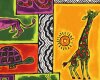 Patchworkstoff "Africa" mit lustigen Giraffen, Elefanten, Löwen und Affen, lila-orange-dunkelgrün