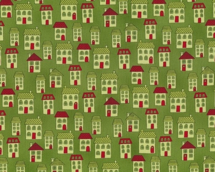 Patchworkstoff FROSTY SEASON mit Häusern, dunkles grasgrün-rot