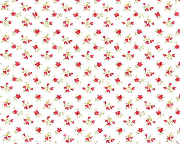 Patchworkstoff "Beautiful Blossoms" mit regelmäßigen Streublümchen, rot-schilfgrün-weiß
