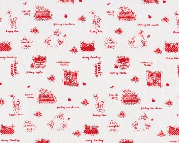 Patchworkstoff "The simple Life" mit winzigen Bildmotiven und Schrift, weiß-rot