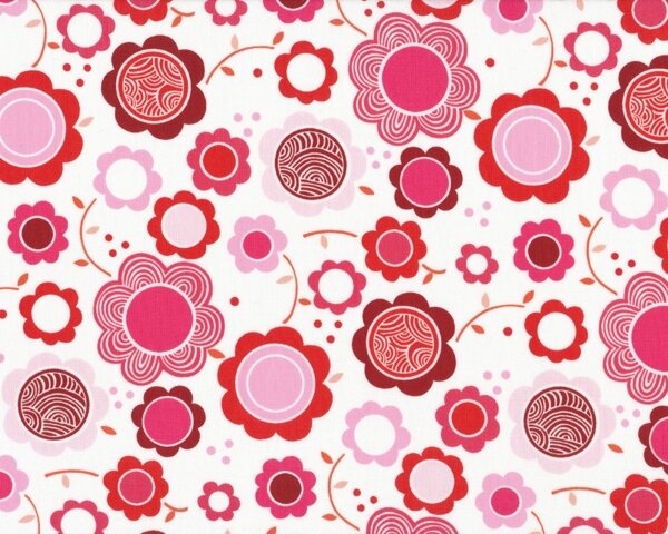 Patchworkstoff "Kitty Garden Gerbers" mit Kreis-Blumen, rosa-weinrot-weiß