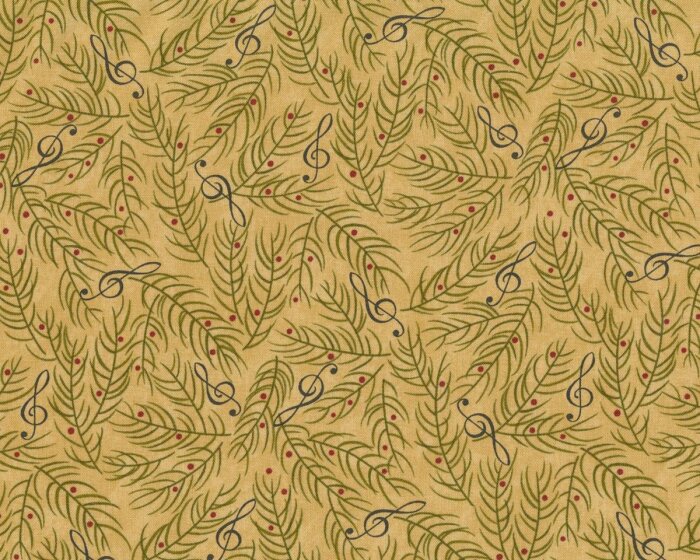 Patchworkstoff DELIGHTFUL DECEMBER, Tannenzweige und Noten, sandfarben-olivgrün, Moda Fabrics