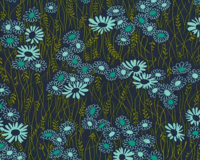 Patchworkstoff SIMPLY COLORFUL II, Wiesenblumen, marineblau-helles türkis, Moda Fabrics